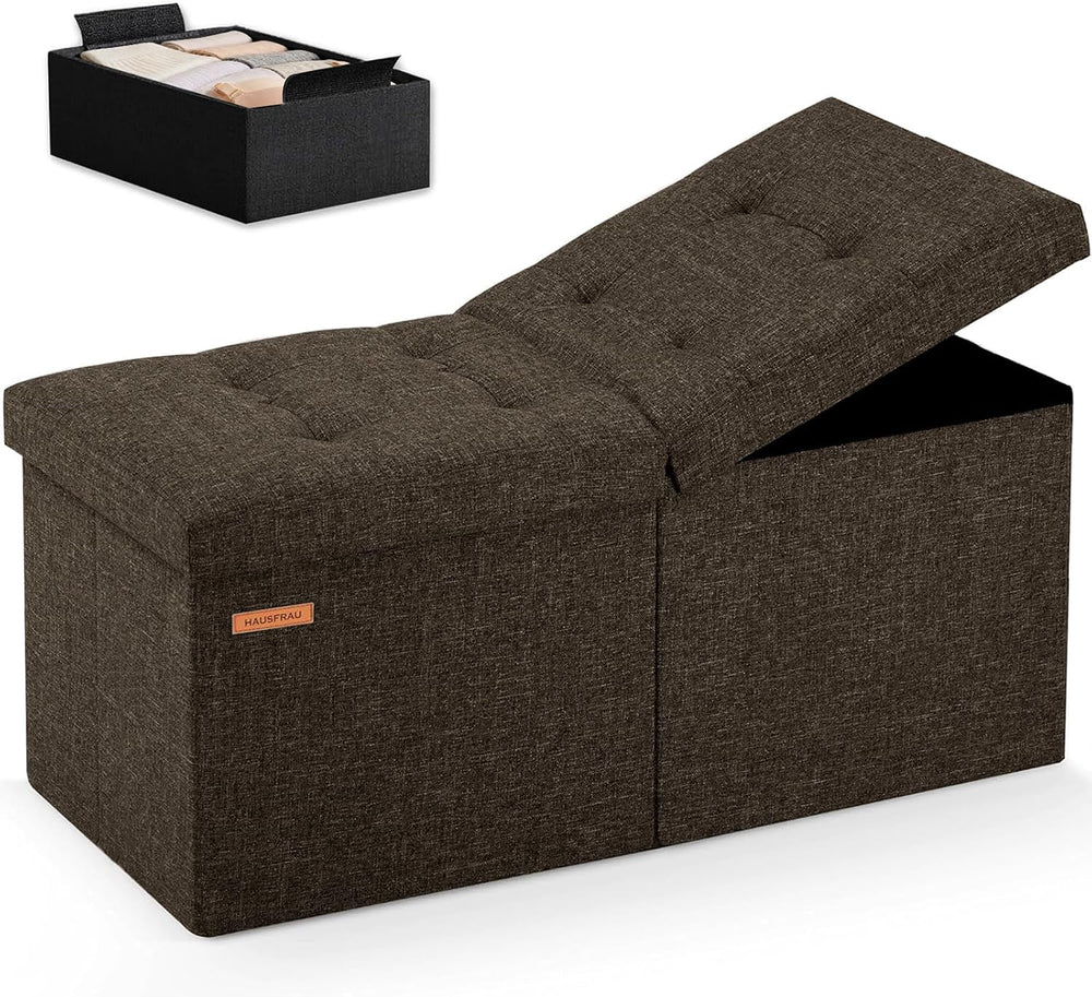 HAUSFRAU Ottoman with Storage Bench Folding Foot Rest Stool Linen Espresso