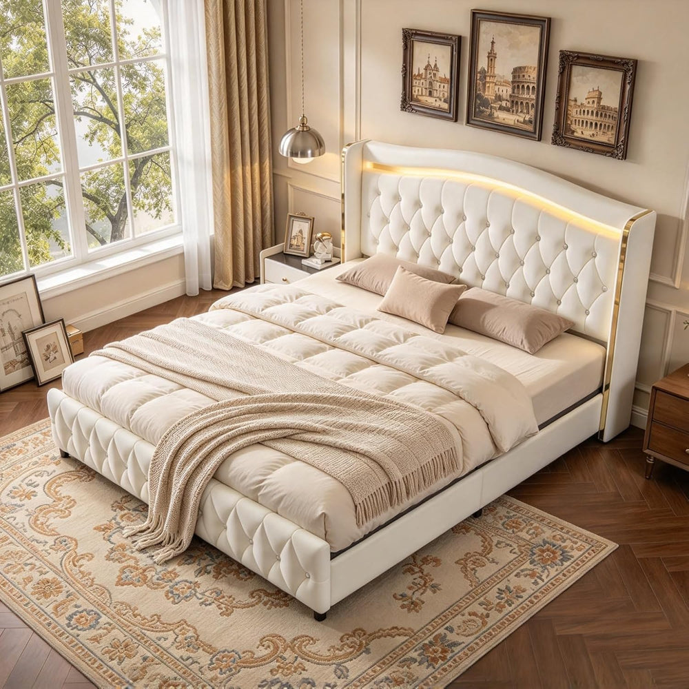 Queen Size Bed Frame, Headboard, 4 Storage Drawers, LED Lights, White