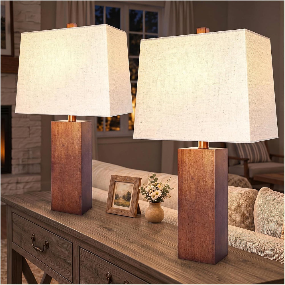 23" Solid Wood Table Lamp Set of 2 for Living Room, 3-Way Dimmable Bulb