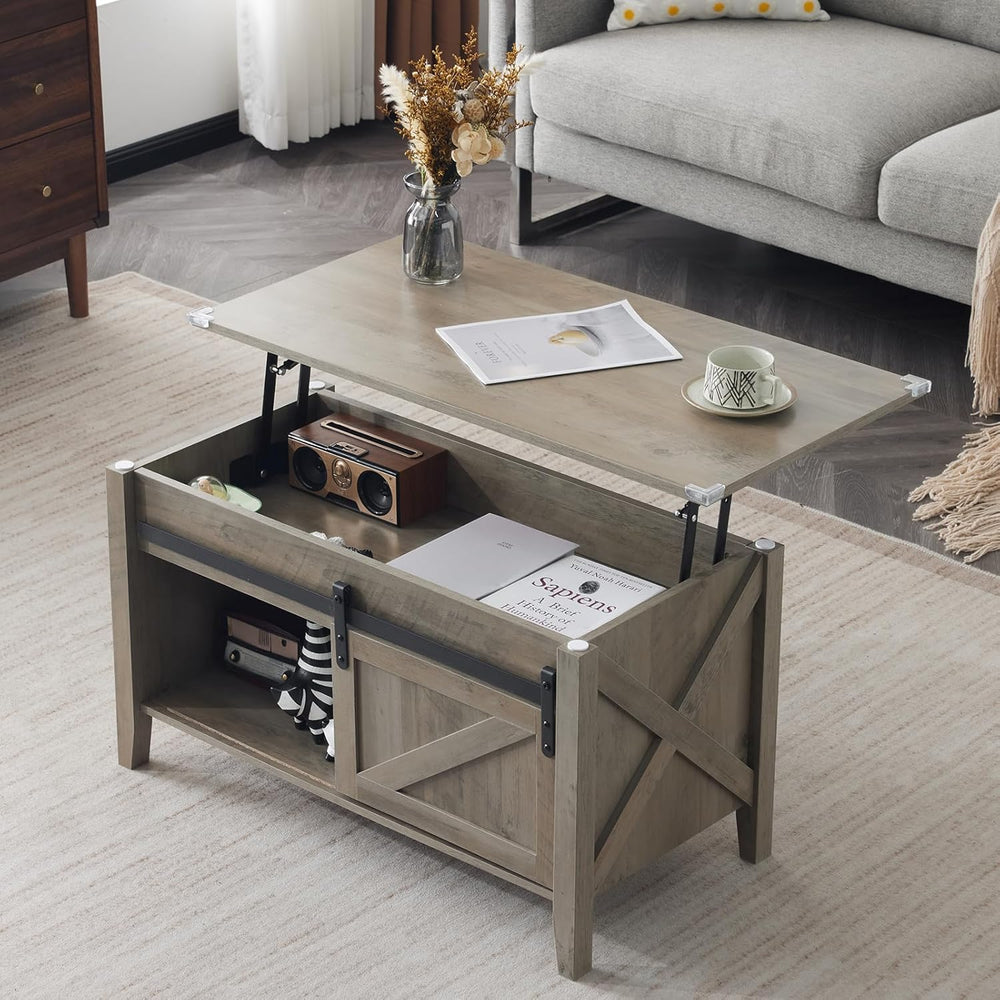 VINGLI 36" Farmhouse Lift Top Coffee Table with Hidden Storage, Open Shelf