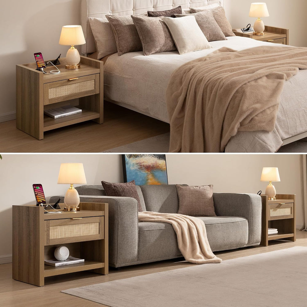 SICOTAS Rattan Night Stand Set of 2, Bedside Table with Large Drawer