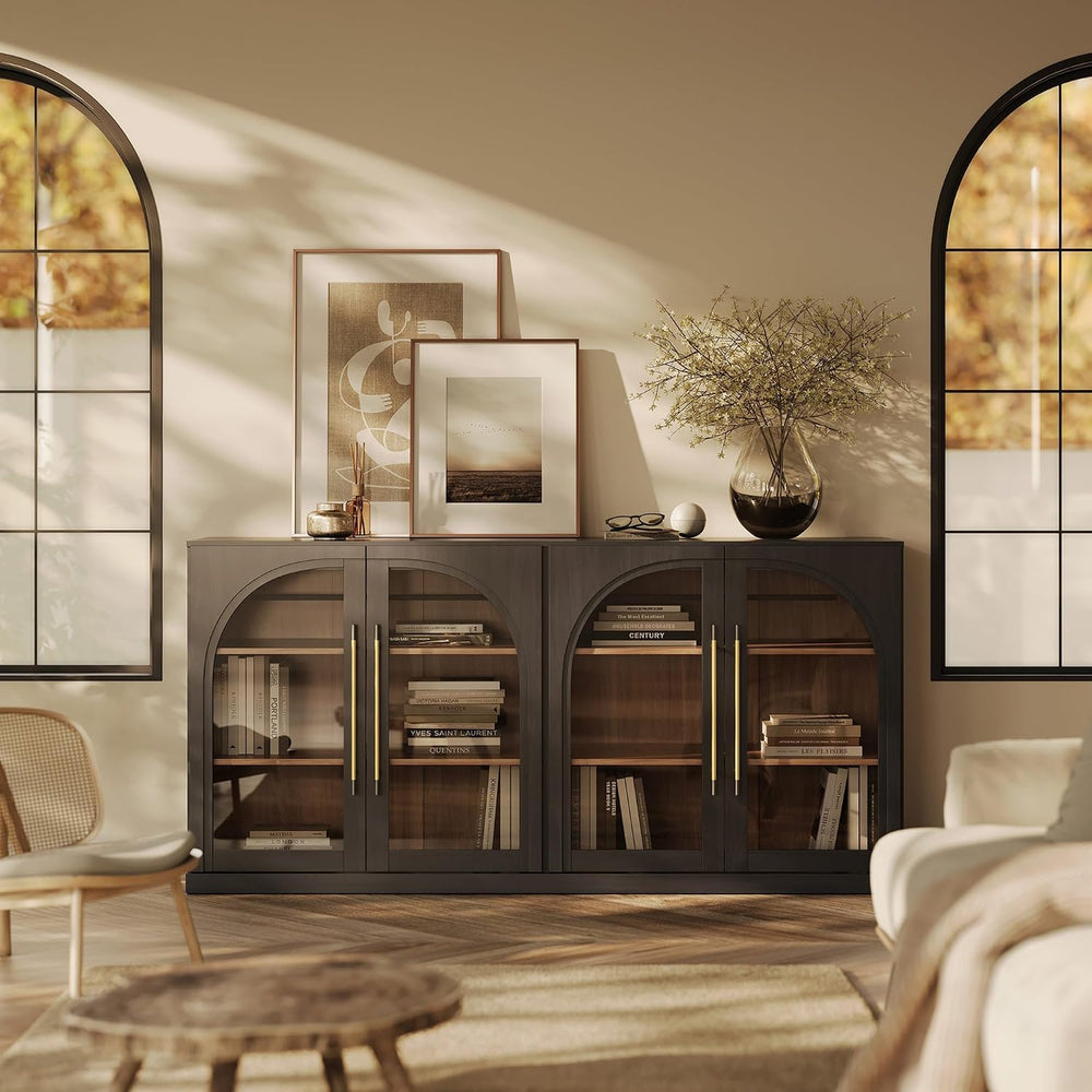 BELLEZE 65" Arched Sideboard with Glass Door, Accent Buffet Cabinet with...