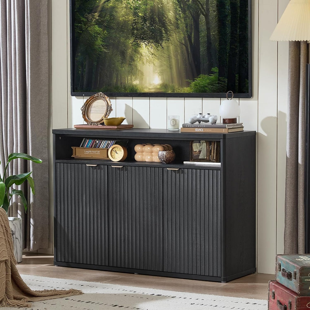 LEYAOYAO 45-Inch Fluted Buffet Cabinet with 3 Doors,Black Oak