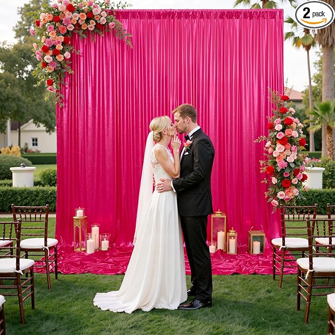 10x10ft Shimmer Hot Pink Sequin Backdrop Curtain for Parties, Thick Wrinkle F...