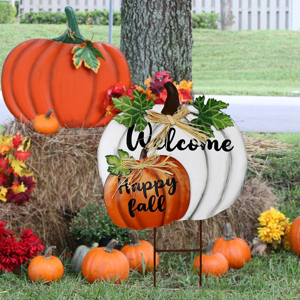 Happy Fall Decor Metal Garden Stake Stacked Pumpkin Welcome Yard Sign