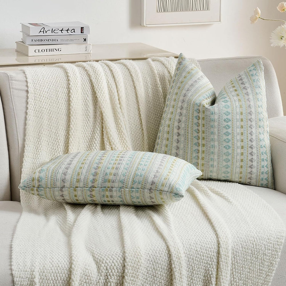 FUTEI Pack of 2 Boho Throw Pillow Covers 20x20 Inch, Green Blue White