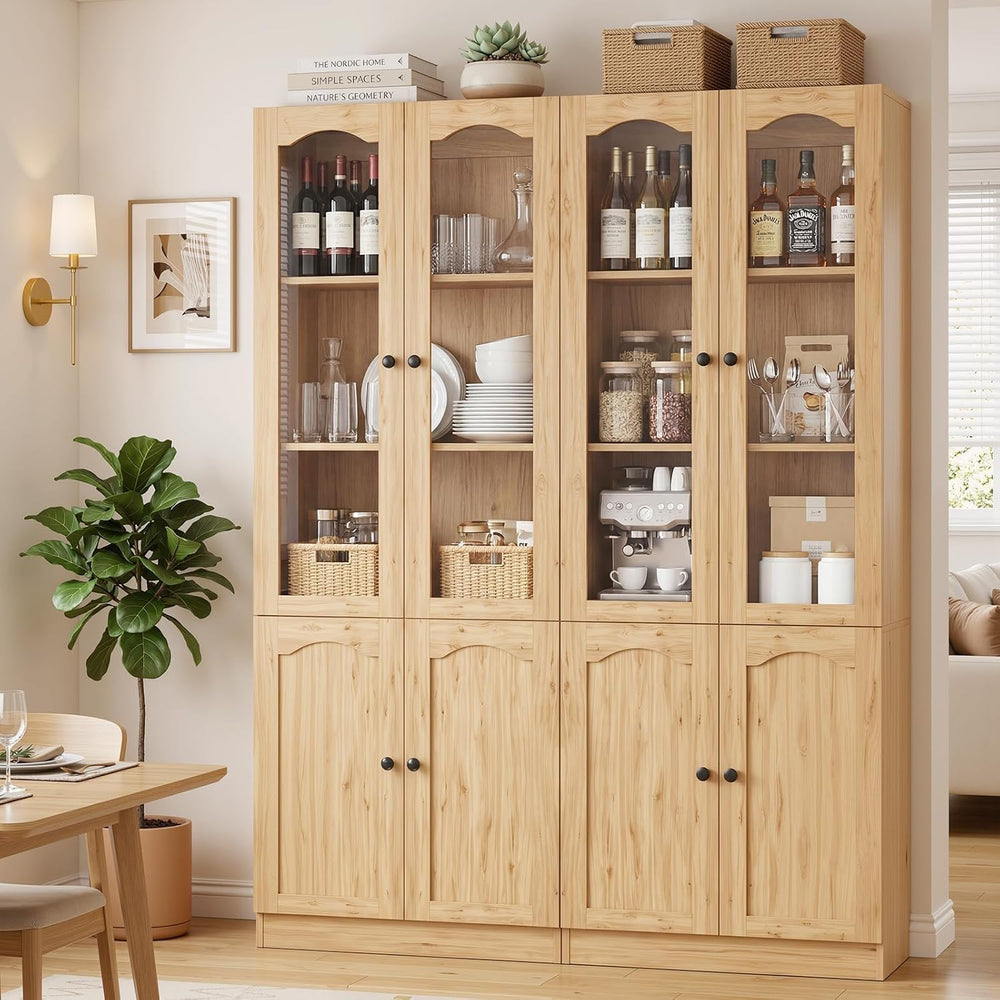 Cyclysio 80"H Bookcase with Arched Glass Door, Adjustable Shelf,Natural Oak