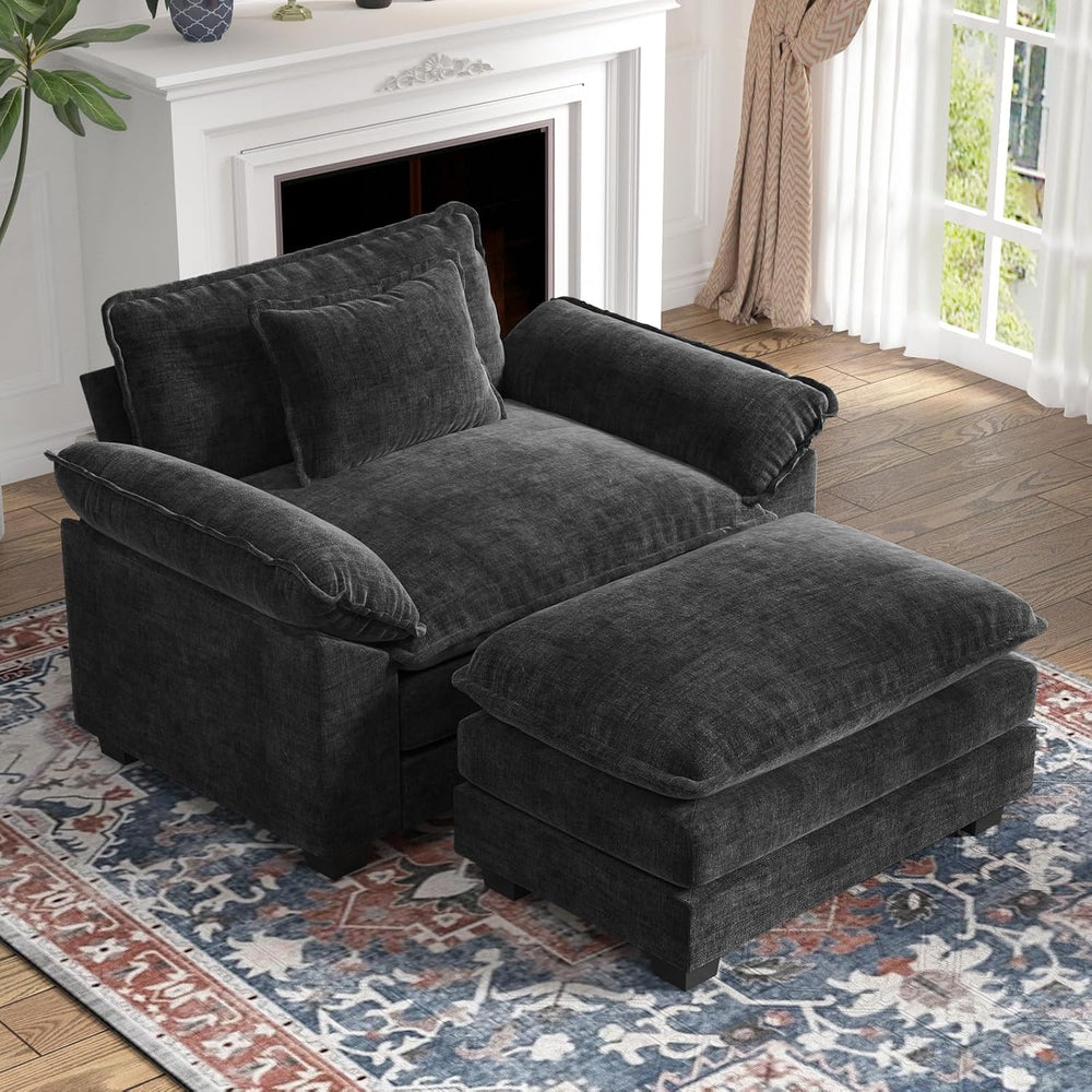 CDCASA Oversized Accent Chair w/Ottoman, Chenille Cloud Sofa Chair, Black