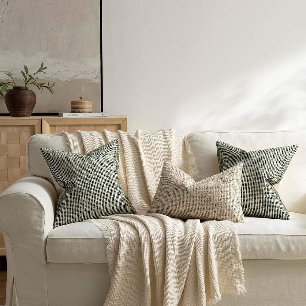 Pack of 2 Neutral Euro Sham Covers 24x24 Boho Textured Dots Stripe Chenille L...
