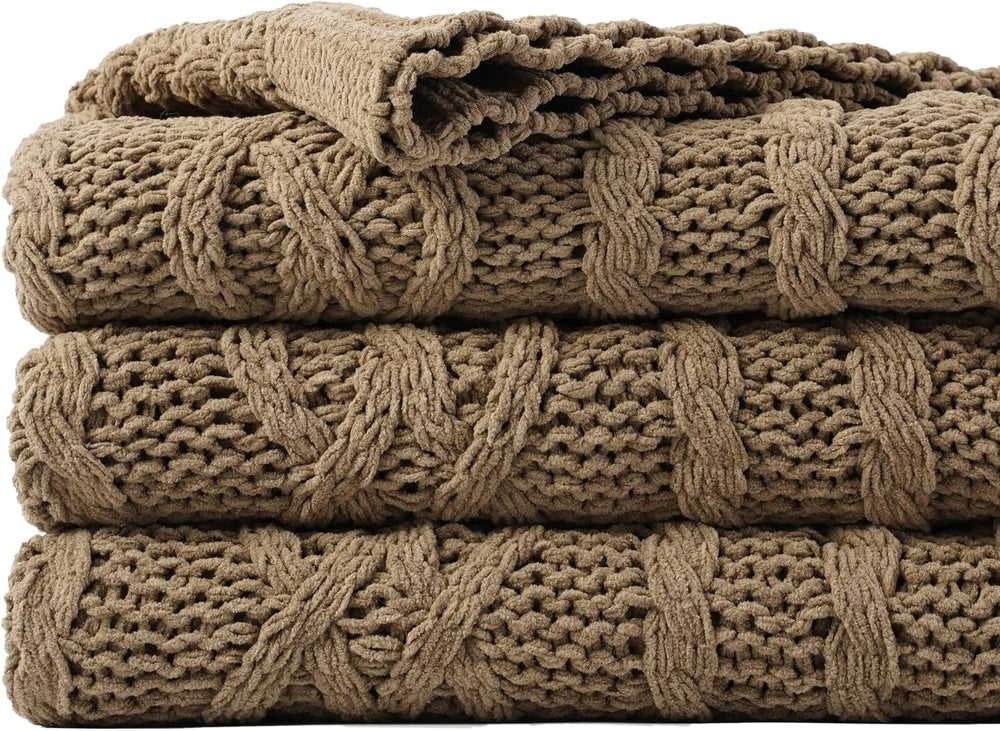 Battilo Tan Throw Blanket for Couch, 51"x67" Textured Cable Knit Bl...