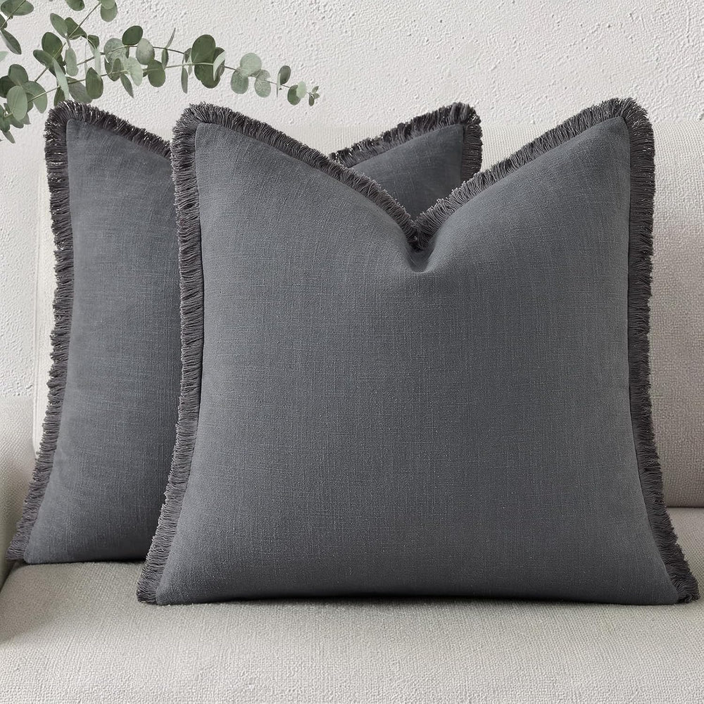 decorUhome Linen Fringe Dark Grey Throw Pillow Covers 18x18 Set of 2