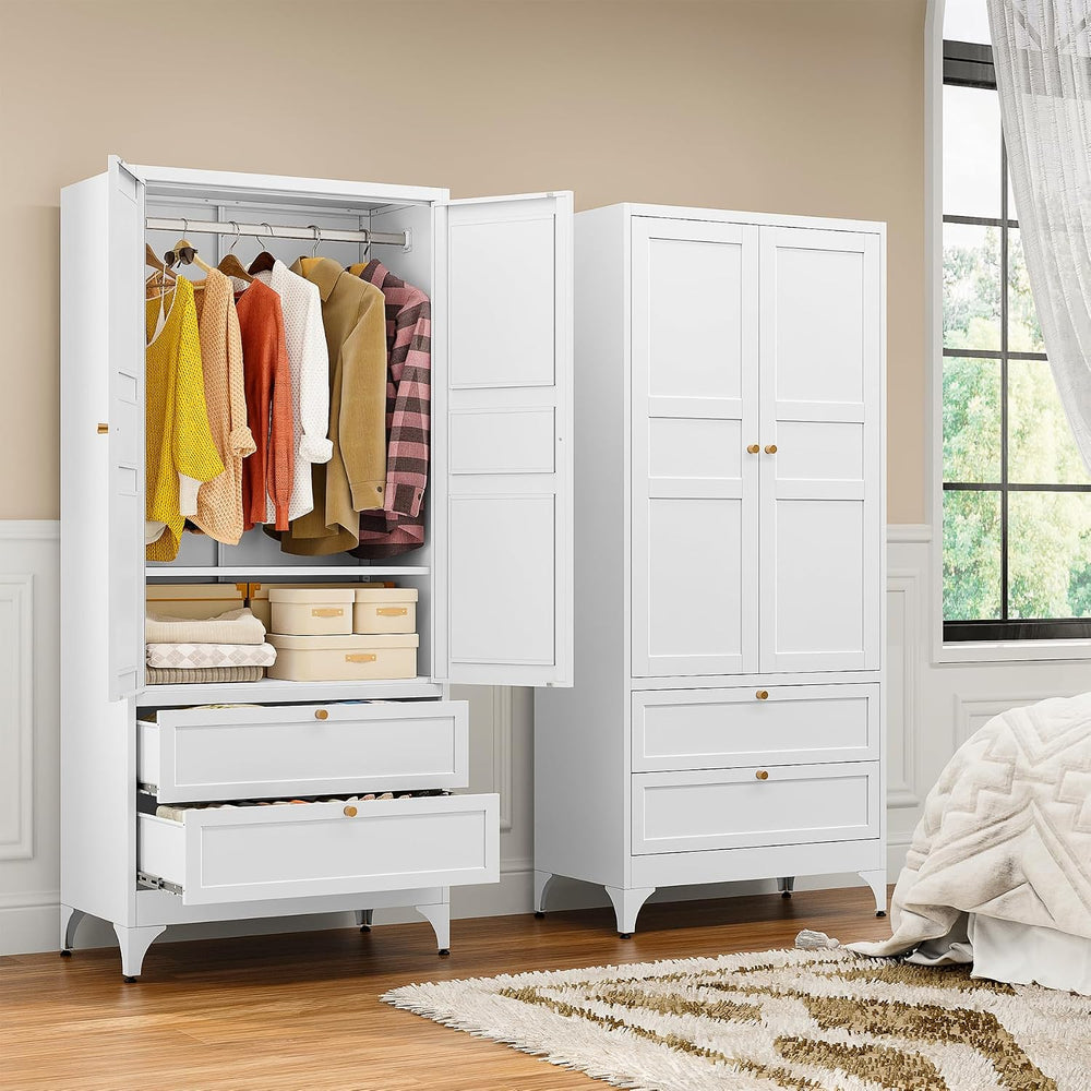 BYNSOE 71" Tall Metal Wardrobe Closet with 2 Drawers, Steel Armoire Cabi...