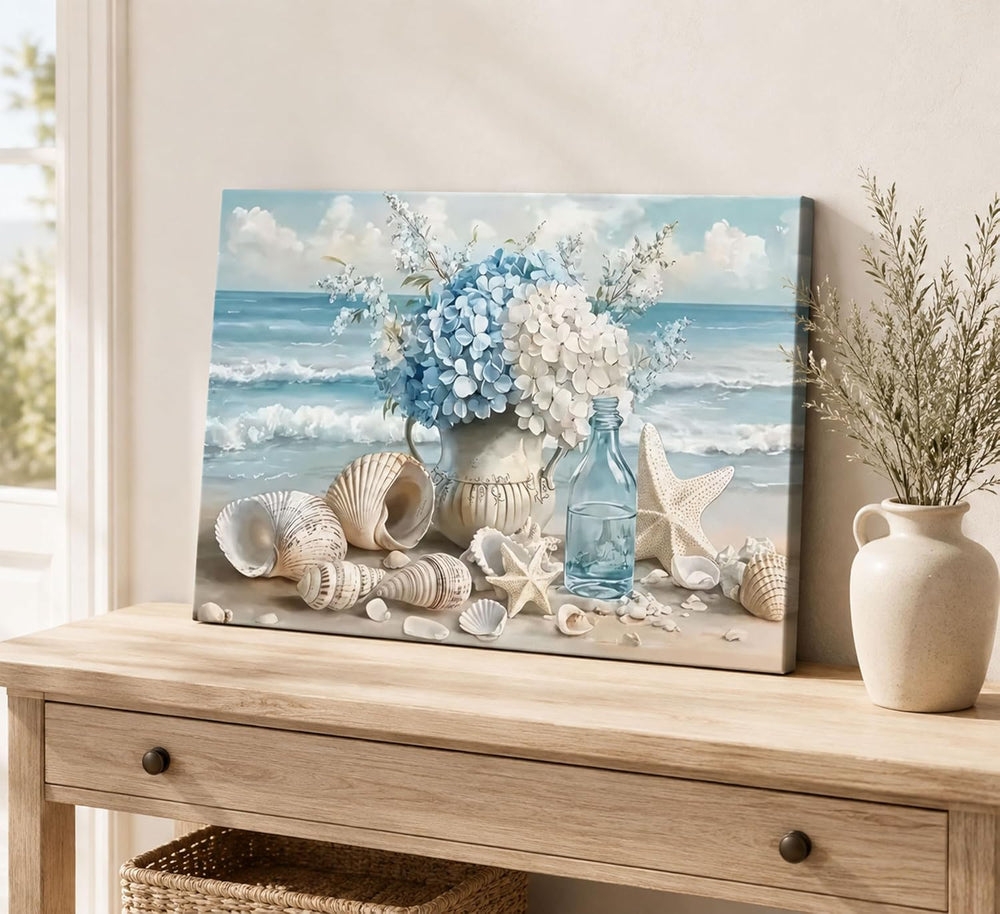 YKVDOROK Blue Ocean Beach Wall Art Coastal Bathroom Canvas Wall Decor