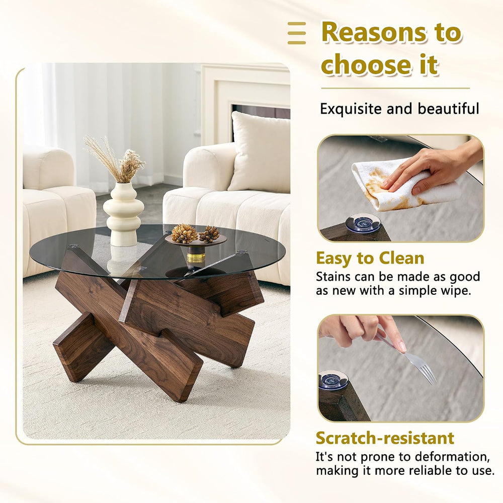 Round Gray Glass Coffee Table, 33.4-Inch Tempered Glass Top