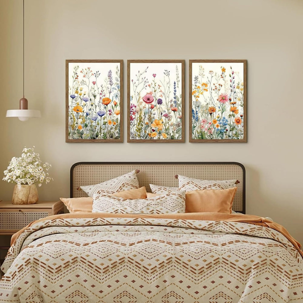 3 Piece Colorful Wildflower Wall Art Set Framed Spring Wall Decor 12x16 In