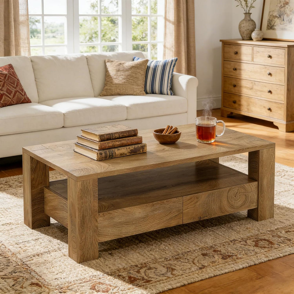 Tribesigns Farmhouse Coffee Table with Storage, 47" Large Rectangle Coff...