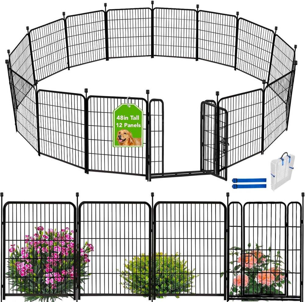 ADAVIN Tall Garden Fence with Gate, 48in Dog Fence Outdoor, 12 Panels | 26.6F...