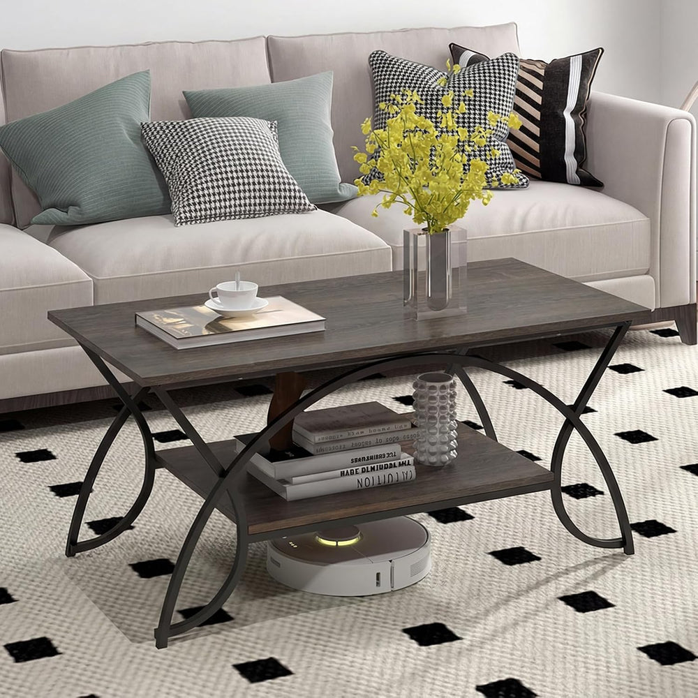 GIANTEX 2-Tier Coffee Table with Storage, 39.5" Wood Center Table, Grey Oak