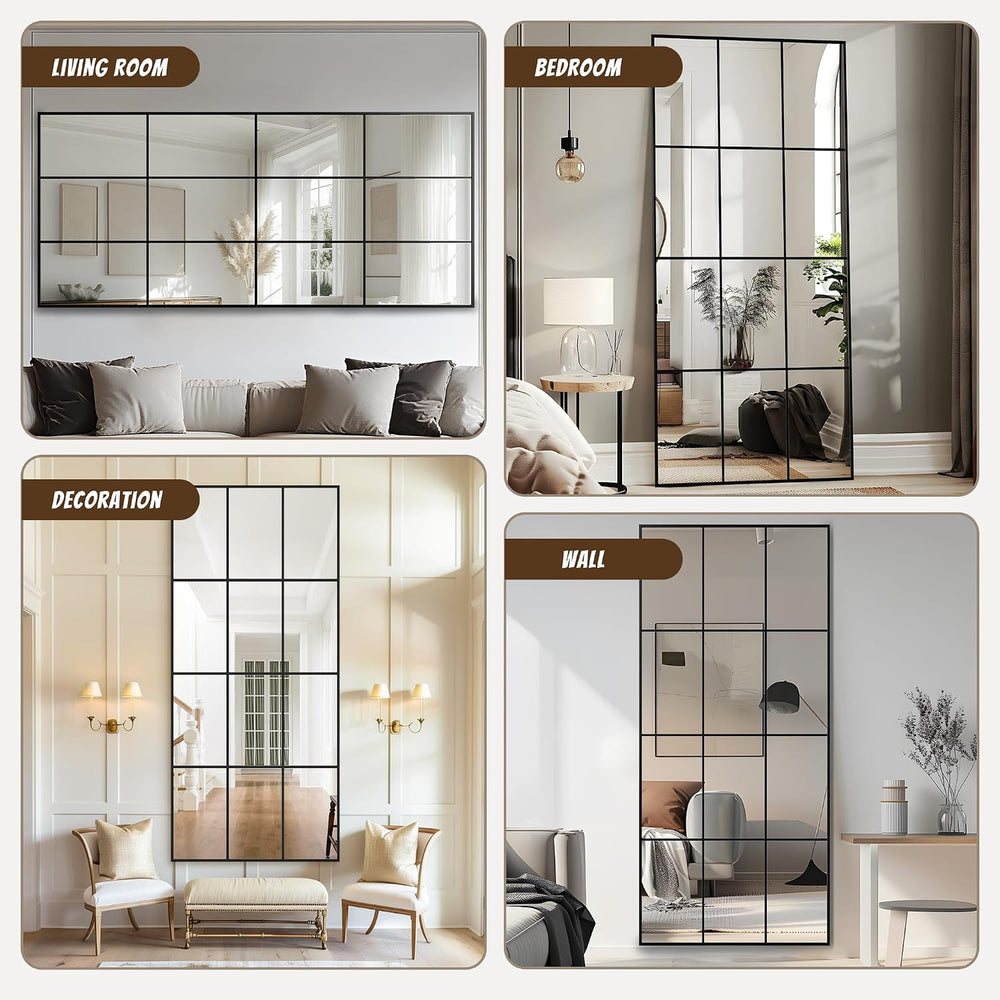 Antok Wall Mirror, 72" x 32" Window Pane Decorative Mirror, Metal F...