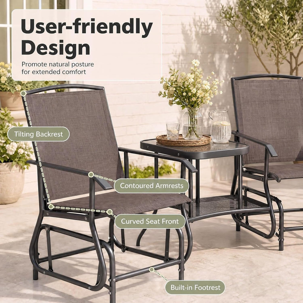 GIANTEX Outdoor Glider Chairs with 2-Tier Center Table, 2-Person Loveseat