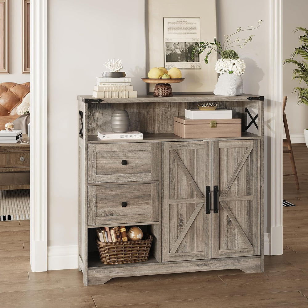 Fameill Farmhouse Storage Cabinet with Drawers and Open Storage, Grey