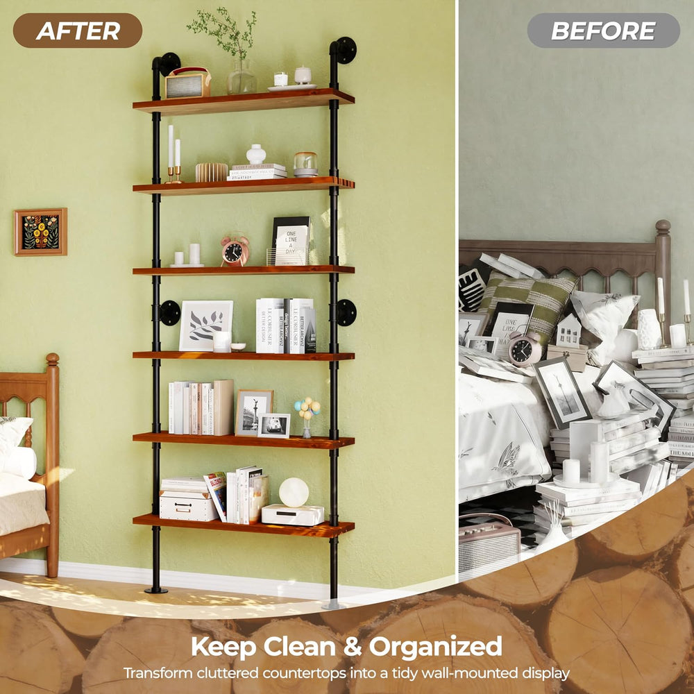 Industrial Pipe Bookshelf, Wall Mounted Shelf, 36 Inch, Walnut Brown