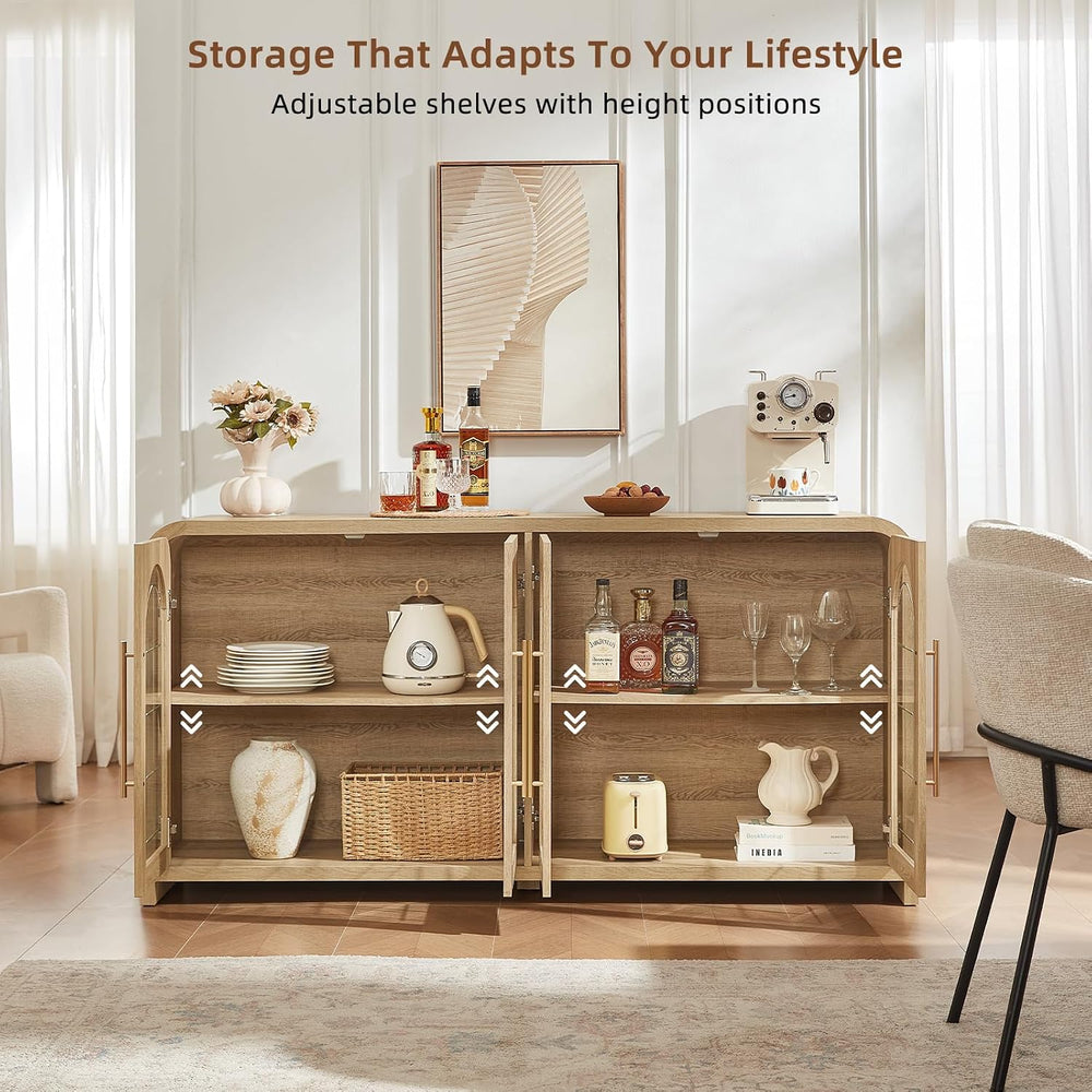 65" Sideboard Buffet Cabinet with Arched Glass Doors, Natural