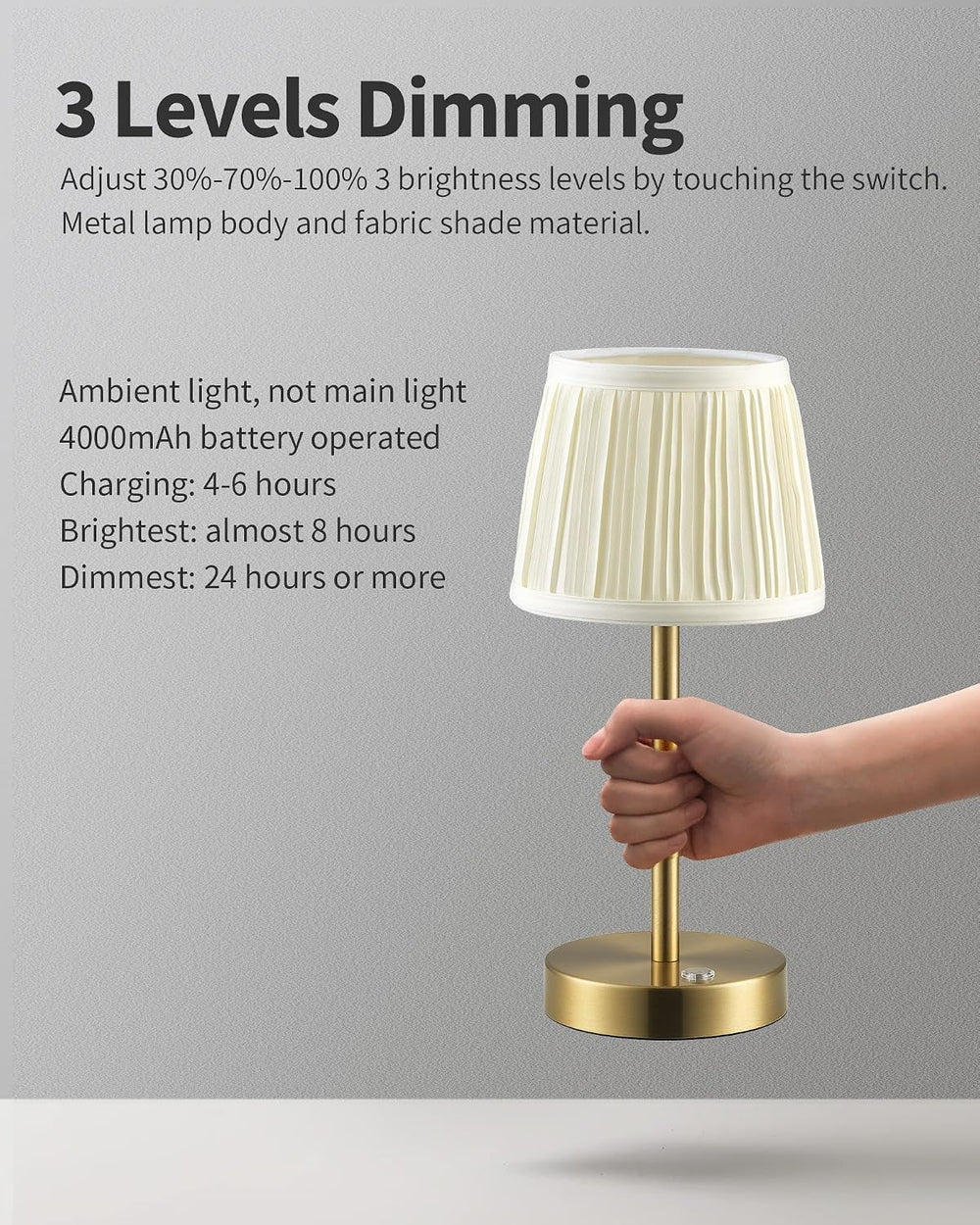 PUSU 2 Pack Cordless Gold Table Lamps, Fabric Shade Bedside Small Lamp