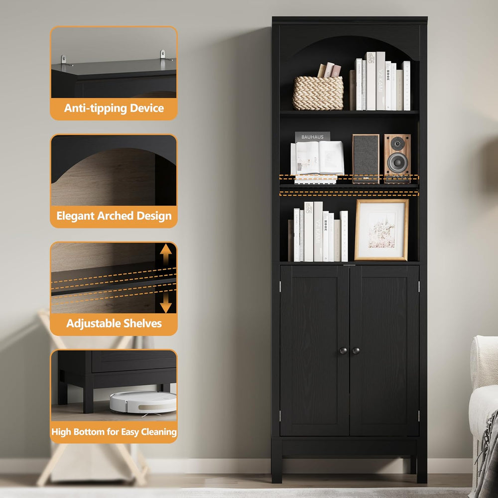 Arched Bookshelf,3 Tier Tall Bookcase with Adjustable Shelves and Cabinet