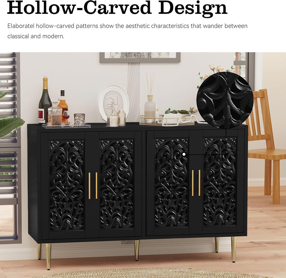 ARTPOWER 47.8" Vintage Accent Cabinet with 4 Hollow Carving Doors, Black