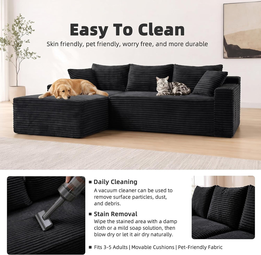95" L‑Shaped Modular Cloud Corduroy Boneless Sectional Sofa for Living Room