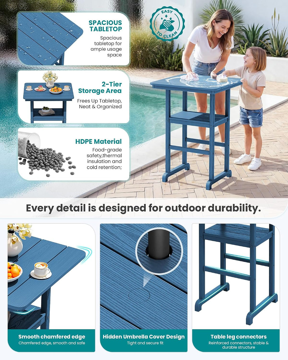 SERWALL 3 Pcs HDPE Bar Height Chairs and Double Layer Pub Table Set, Blue