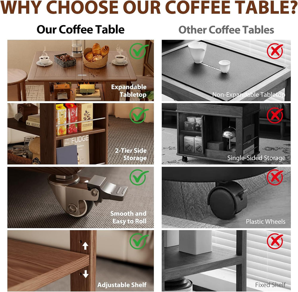 Expandable Coffee Table with Hidden Storage and Adjustable Shelves Walnut