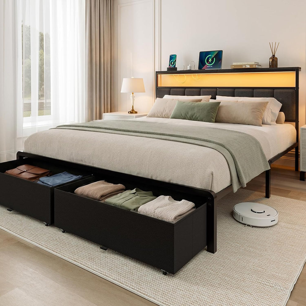 Queen Bed Frame with 2 Storage Drawers, Grey Upholstered