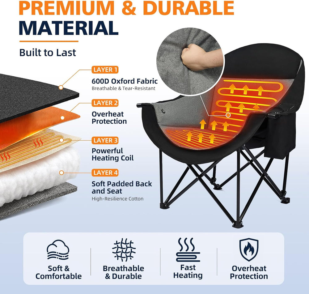 Heated Camping Chair - Oversized Outdoor Folding Chair for Adults