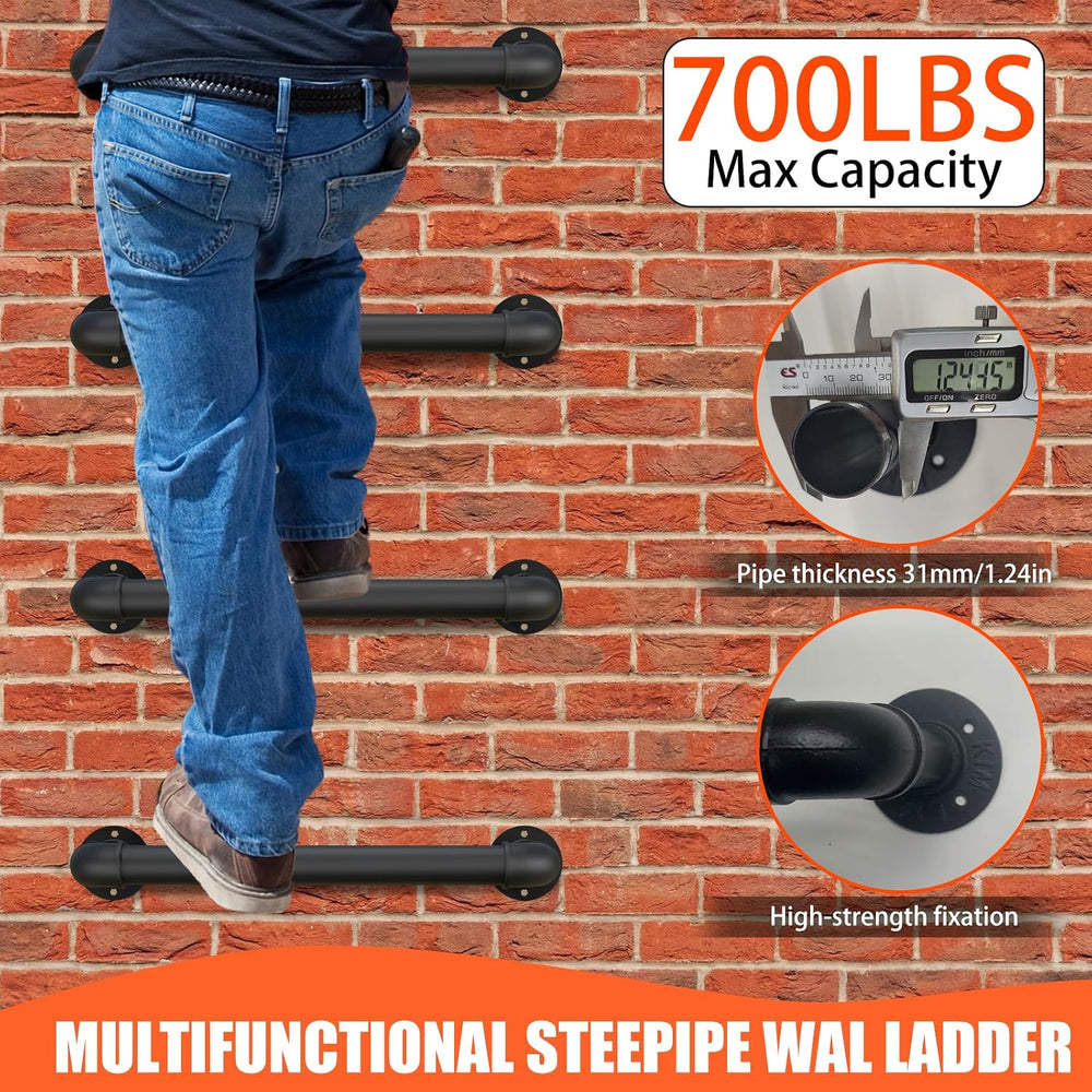 4-Step Wall Mounted Ladder, Heavy Duty 700lbs Capacity Steel Pipe Fire Escape...