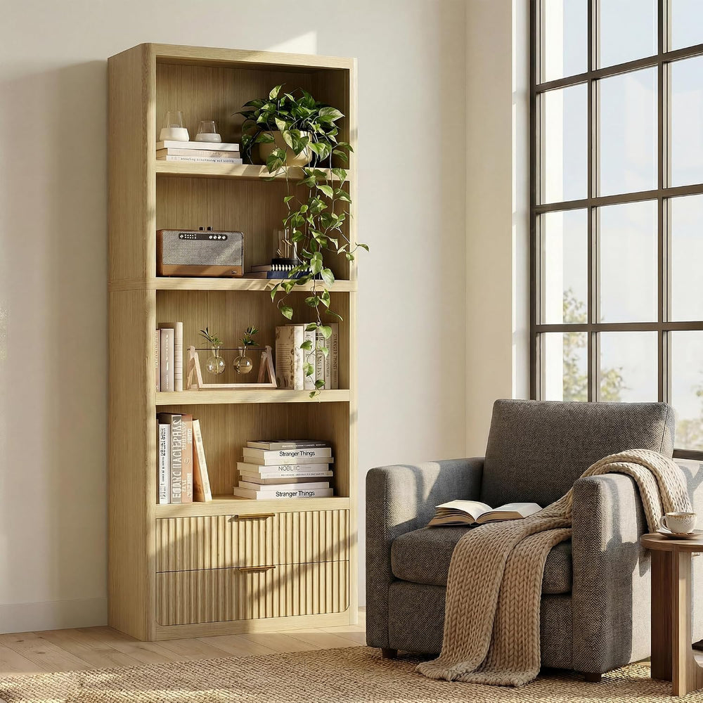 YESHOMY 79" Tall Wooden Bookshelf with Drawers, Modern Fluted Bookcase w...