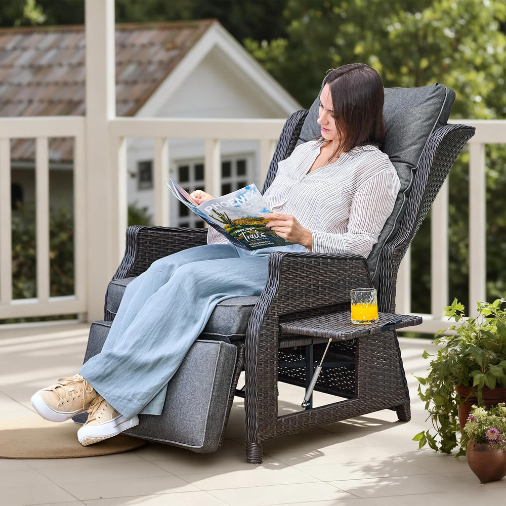 Outdoor Wicker Recliner with Adjustable Back and Footrest,Grey