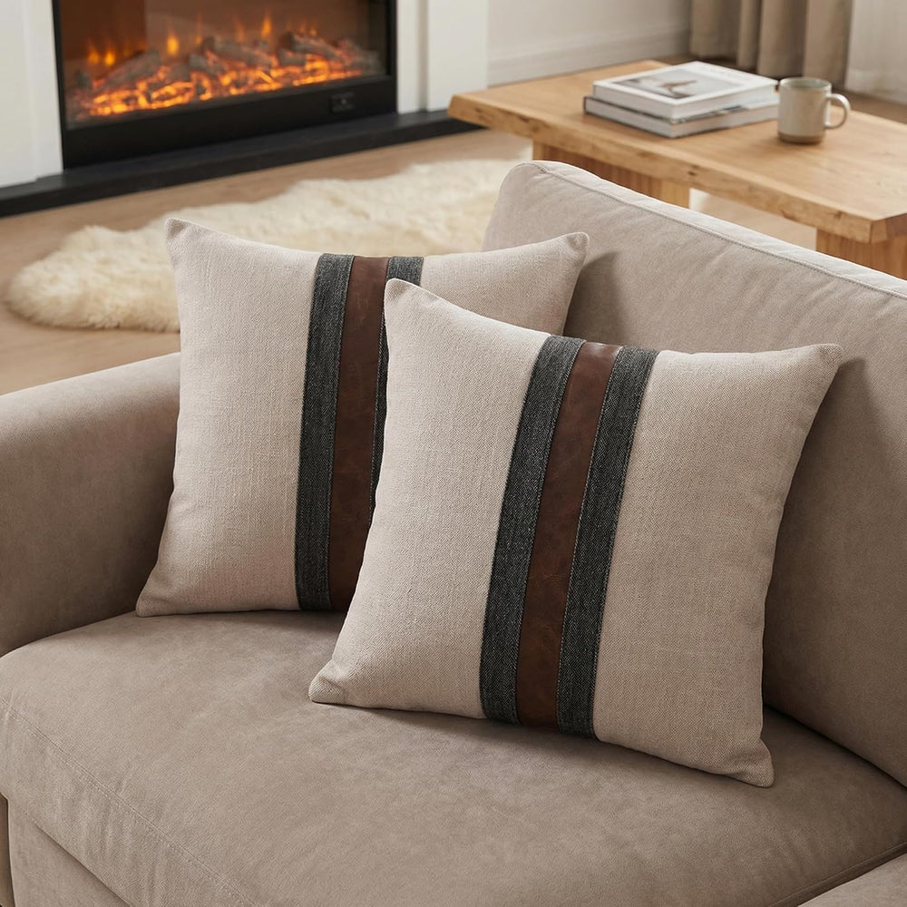 Set of 2 Leather Throw Pillow Covers Cotton Linen Decor Patchwork Pillow Cove...