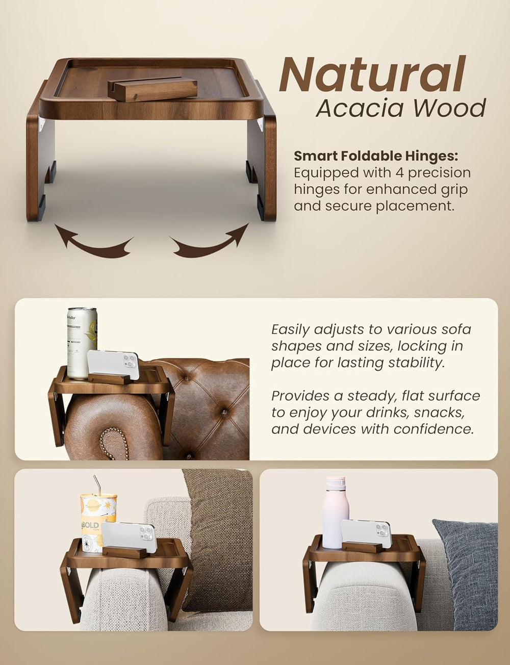 HOLANA 15.75" Acacia Couch Armrest Table with Phone Holder, Walnut Color