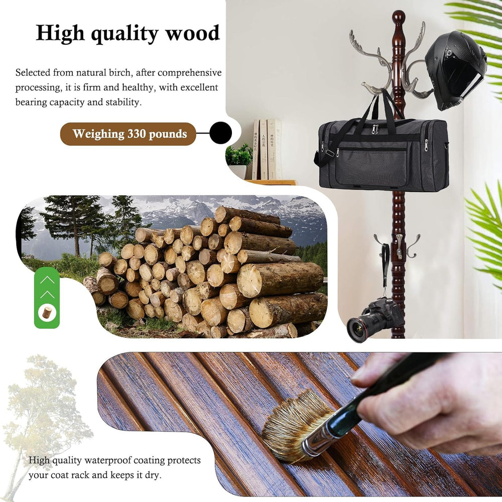 Coat Rack Stand, Solid Wooden Coat Tree with 14 Hooks, Heavy Duty Coat Rack F...