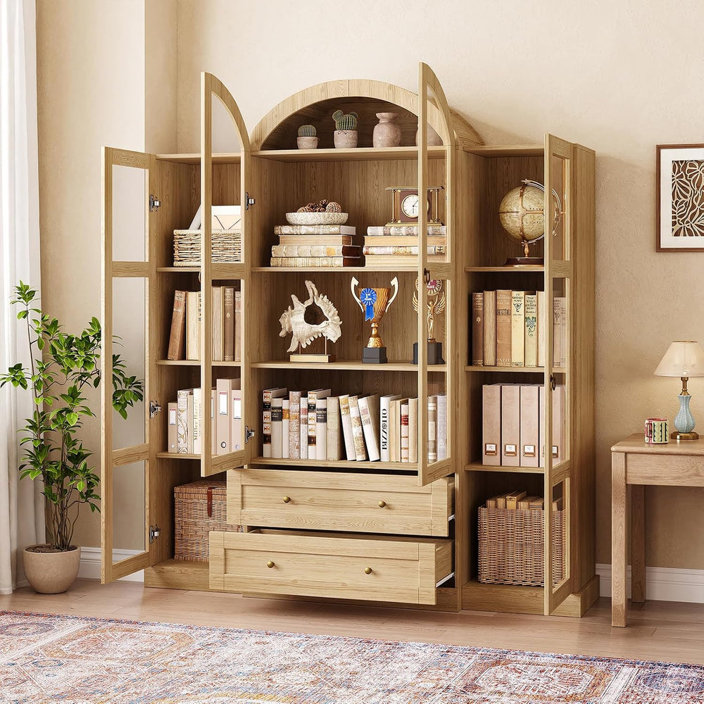 72.4" Tall Farmhouse Display Cabinet with Glass Doors, Natural
