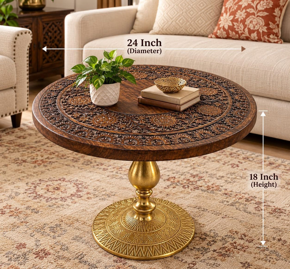 Coffee Table in Solid Wood and Aluminium Base, 24 x 24 x 18", Burnt/Gold
