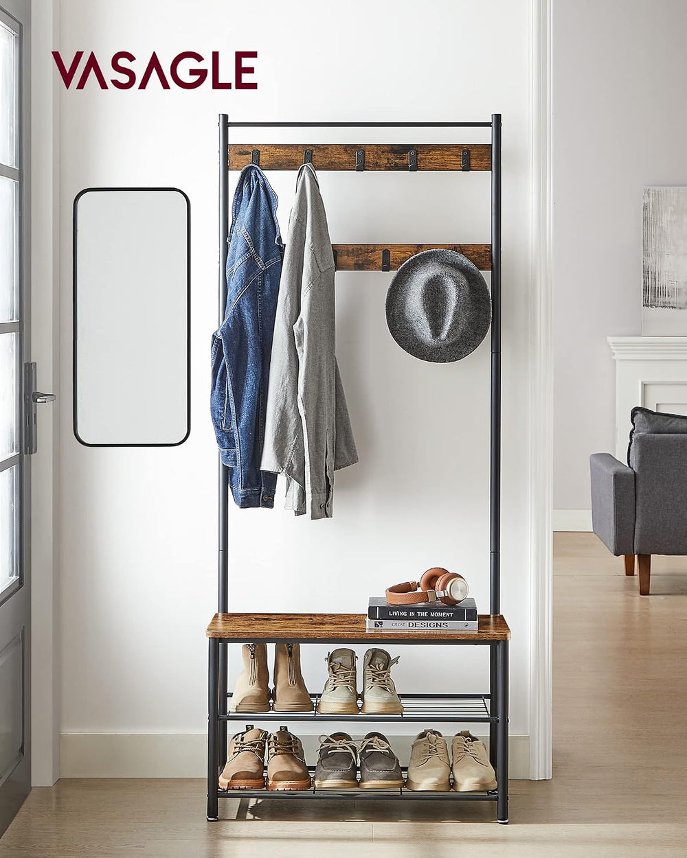 VASAGLE Coat Rack, Hall Tree with Shoe Storage Bench, 3-in-1, Steel Frame