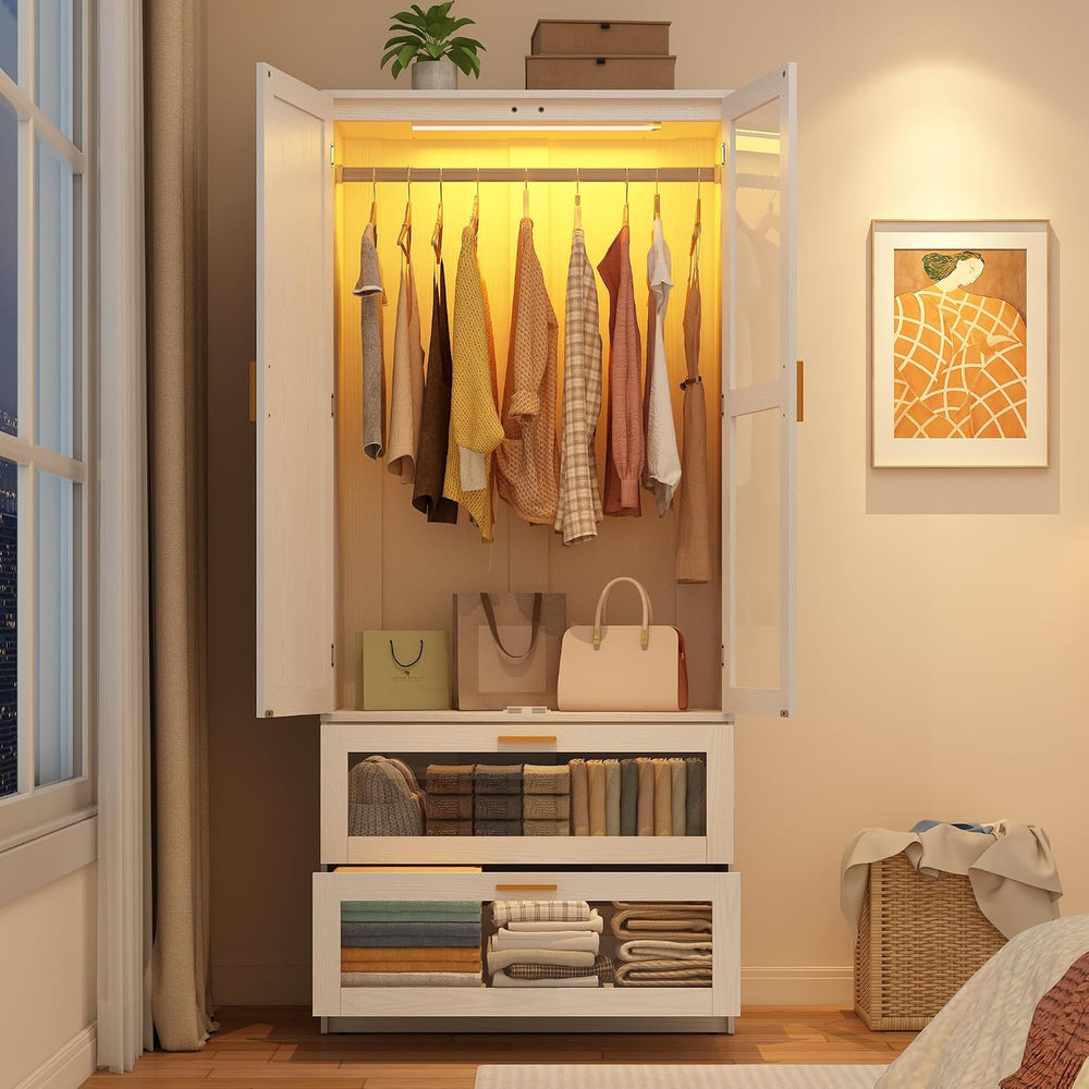 2 Doors Armoire Wardrobe Closet with LED and Mirror,71" H Freestanding W...