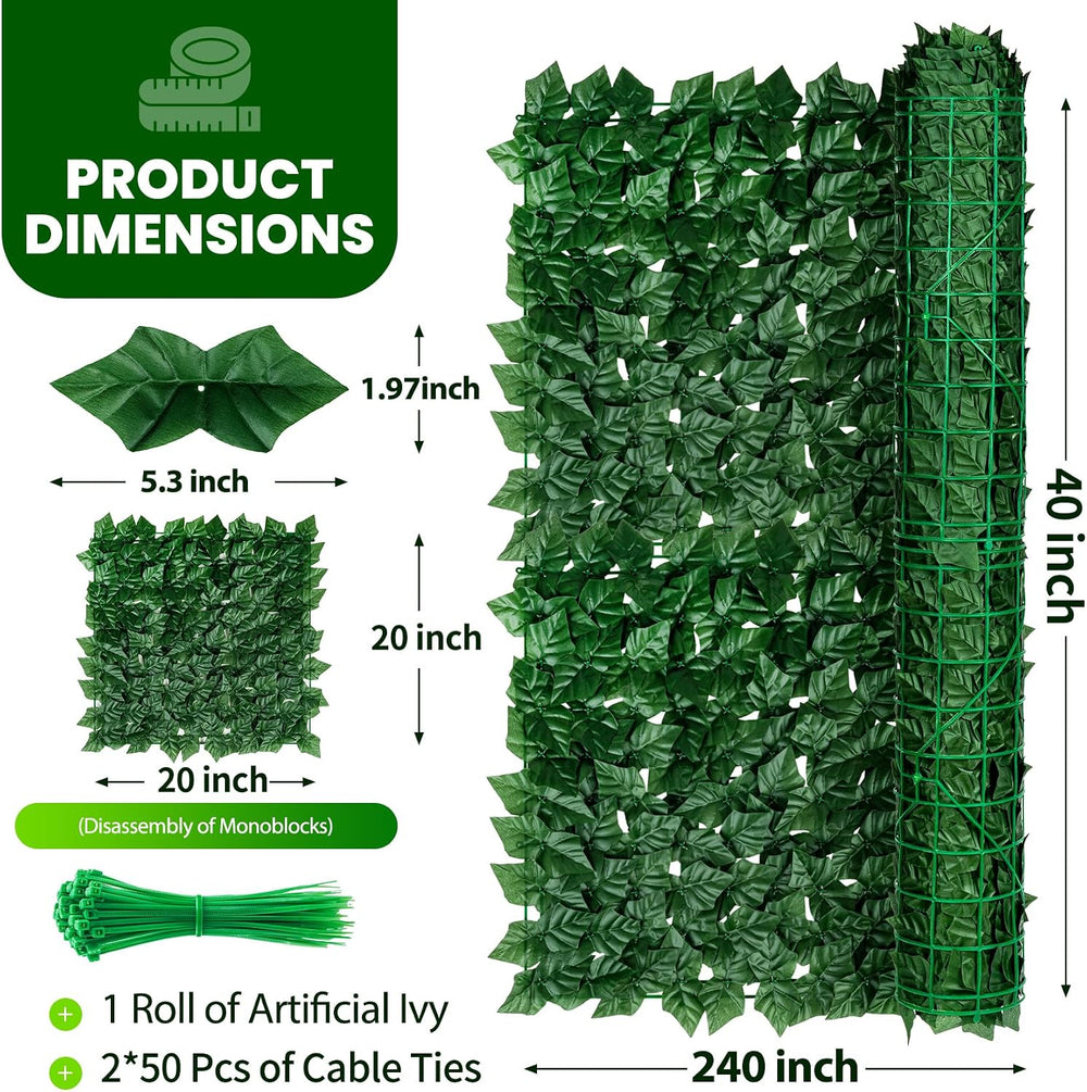 Artificial Ivy Privacy Screen Fence Panel, 240 x 40 in, 2400 Dense Leaves