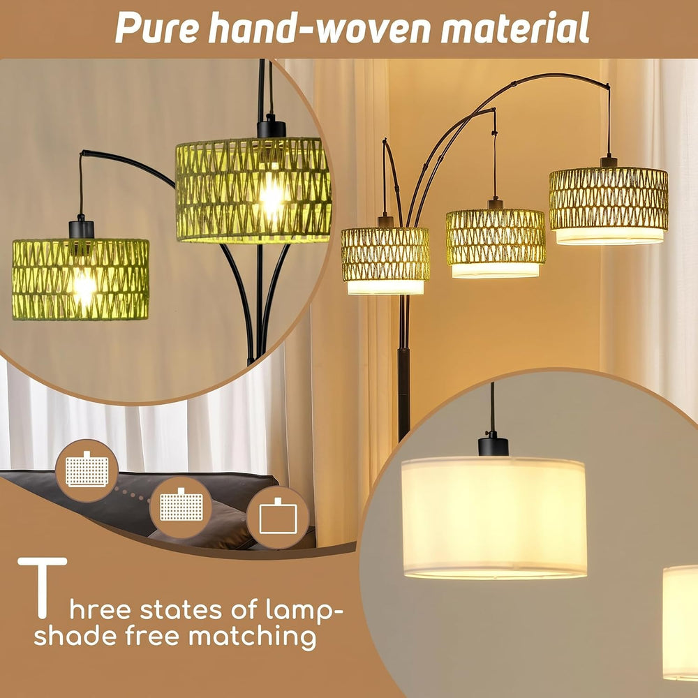3-Light Arc Rattan Floor Lamp for Living Room,80'' Boho Tree Lamp