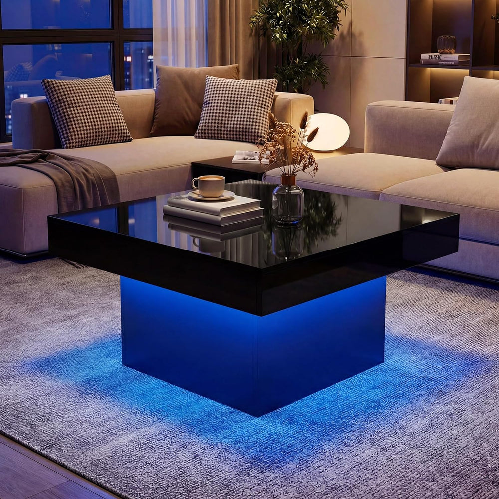 GOFLAME LED Coffee Table for Living Room, Square, Modern High Glossy, Black