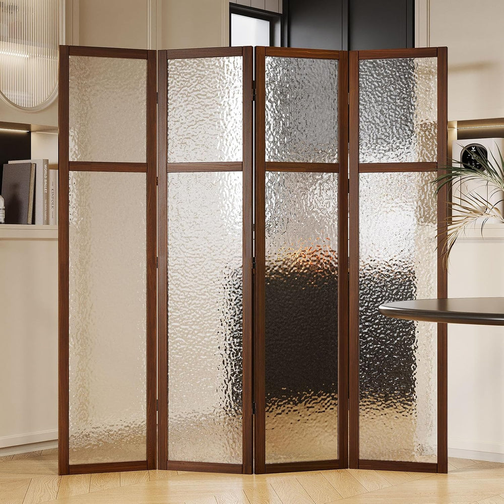 Svimi Acrylic Room Divider, Frosted 4-Panel Folding Screen, Walnut