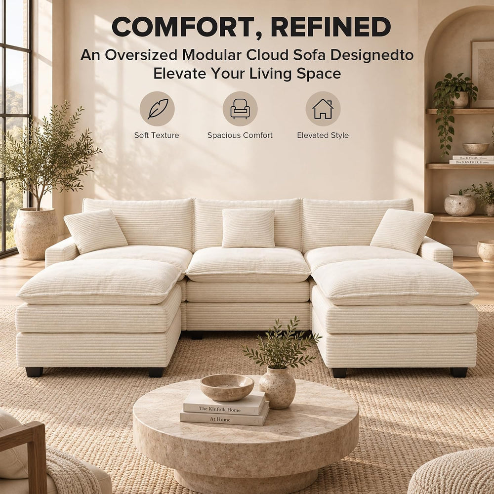 U Shaped Modular Sectional Sofa, 107" Cloud Couch with 2 Movable Ottomans